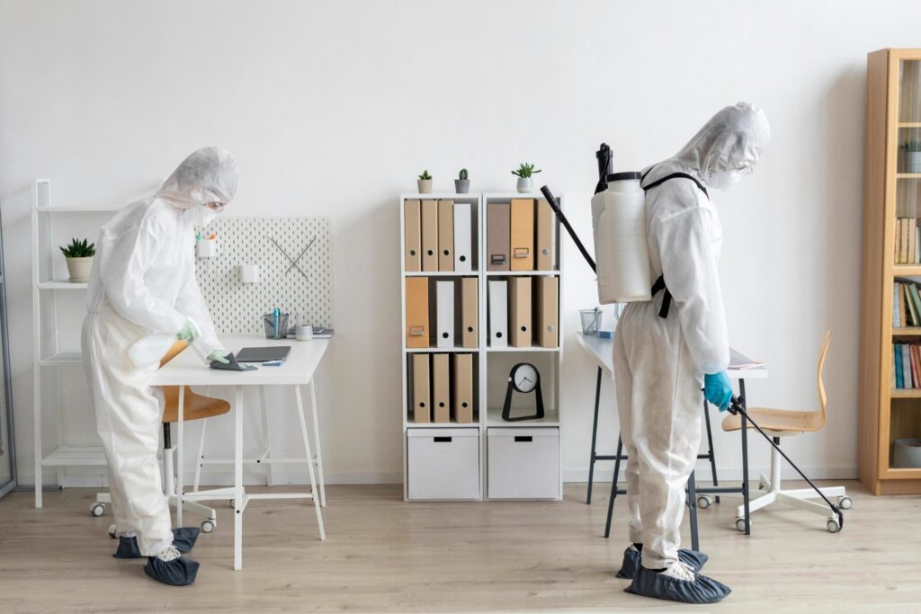 exterminator spraying a home office for insects and pests