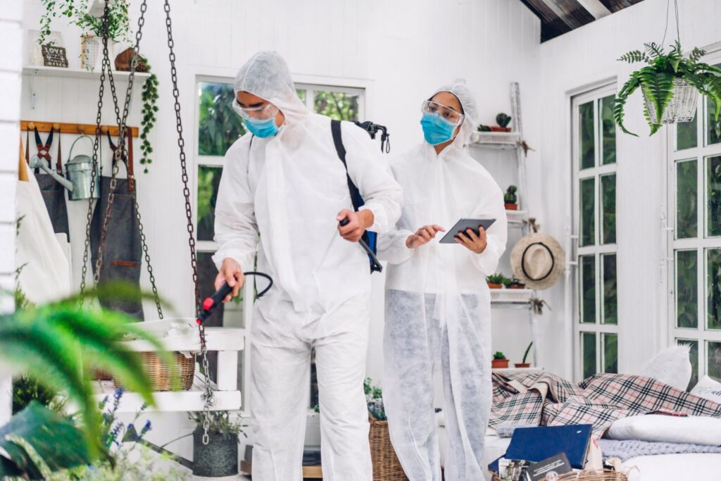 Two people wearing protective suits, masks, and gloves disinfect a bright indoor space with plants; one sprays equipment, while the other holds a tablet and observes.