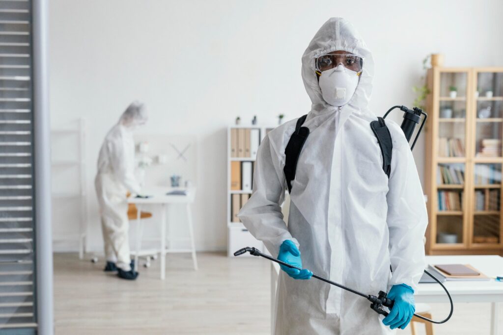 Exterminator in protective suit