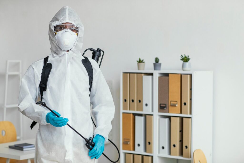 A person wearing a full protective suit, mask, gloves, and goggles holds a disinfectant sprayer in an office with shelves, folders, and potted plants in the background.