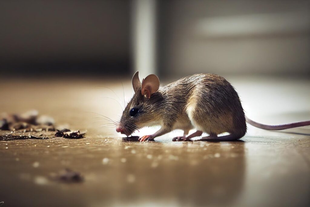 moues eating on the floor of a home