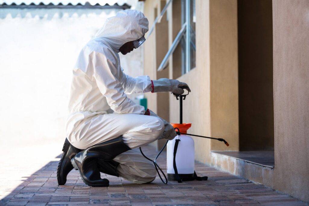 person spraying a doorframe for bugs