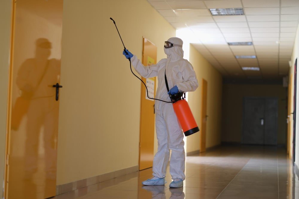 person spraying for pests in a hallway